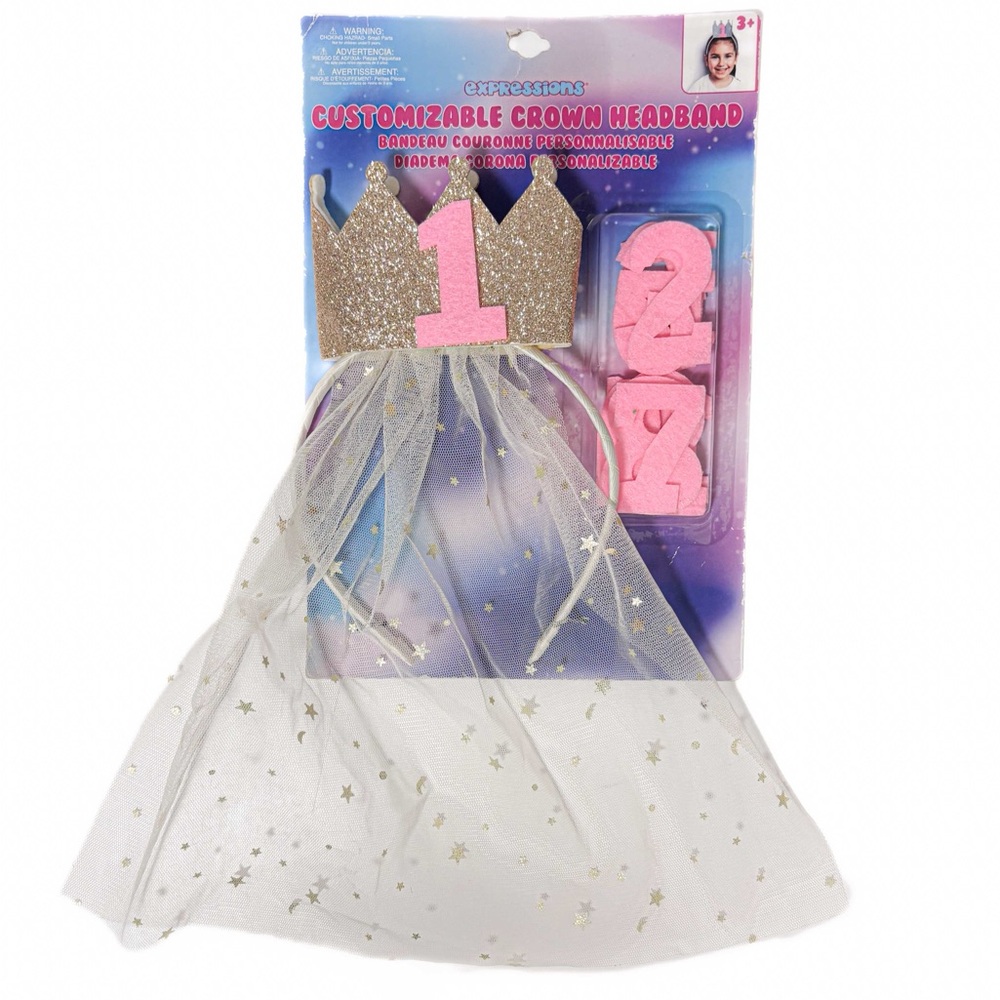NEW - Expressions Glittery Silver & Pink Crown Headband Tiara Customize Numbers